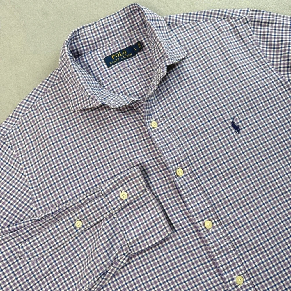 Polo Ralph Lauren Button Down Mens L Purple Gingham Long Sleeve Gingham Office
